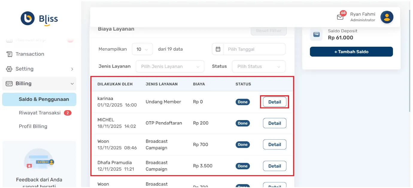 Cara melihat riwayat saldo